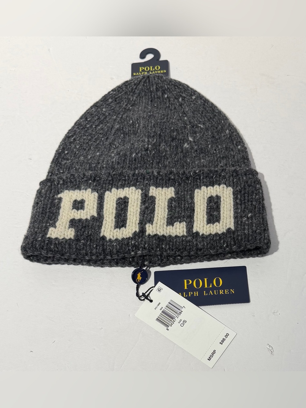 Polo Ralph Lauren Men’s Beanie “POLO” Inlaid Tweed Merino Wool Blend Grey Hat